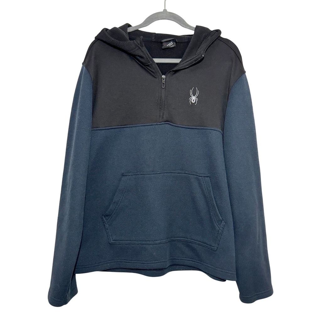 Spyder‎ Mens Large Quarter Zip Hoodie Black Blue Waffle Knit Colorblock Pullover